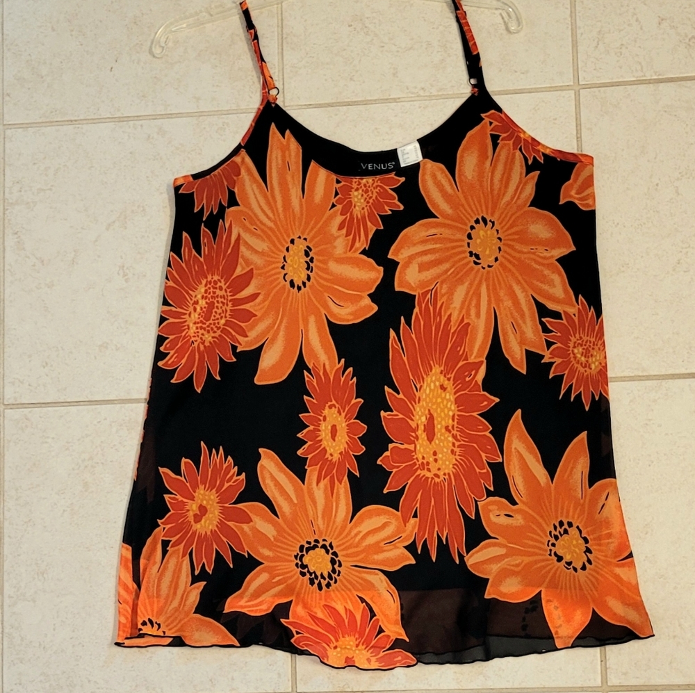Size 12 Chiffon Layer Tank, Black and Orange Flower Spaghetti Strap blouse
